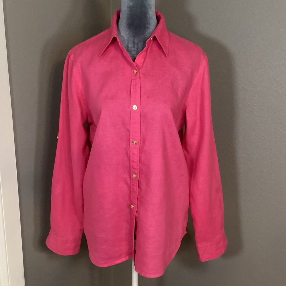 Chaps Pink Linen Button Down Shirt Size M